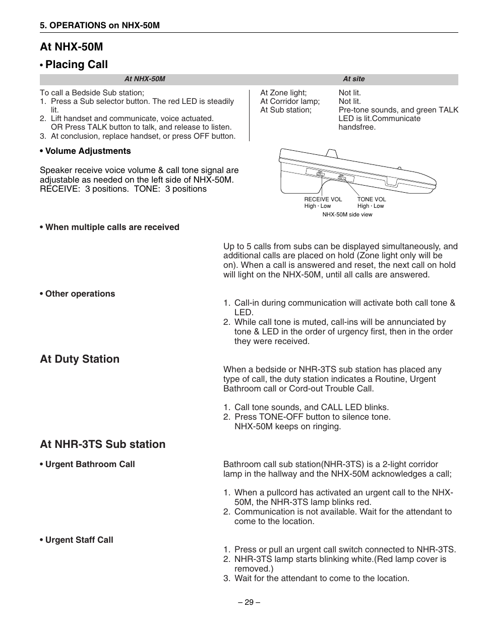 At nhx-50m, Placing call, At duty station | At nhr-3ts sub station | Aiphone 83873900 0602 E User Manual | Page 29 / 32