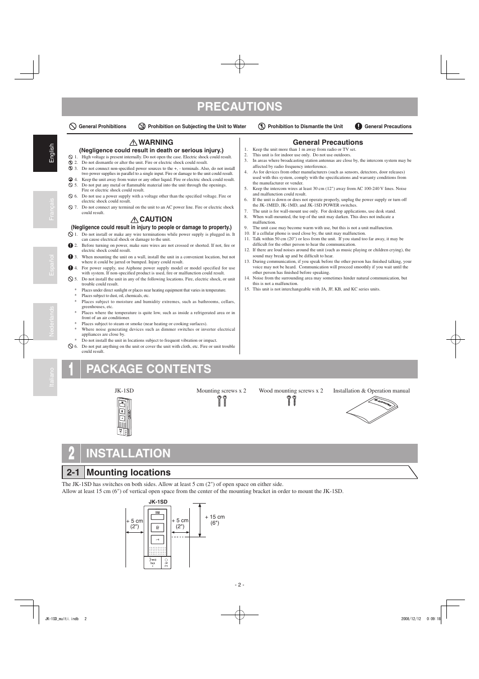 Precautions, Package contents, Installation | 1 mounting locations | Aiphone JK-1SD User Manual | Page 2 / 8