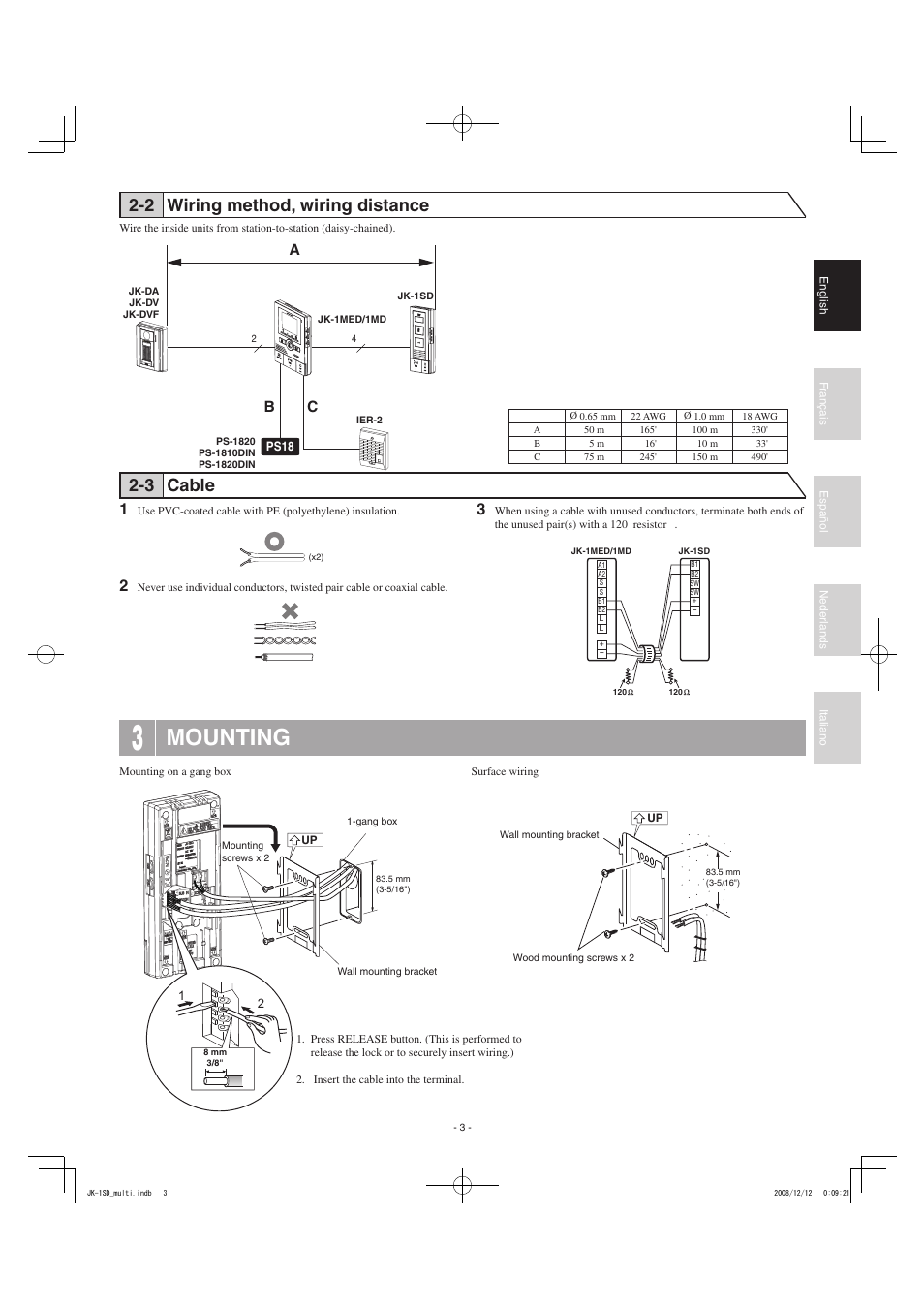 Mounting, 2 wiring method, wiring distance, 3 cable | Ab c | Aiphone JK-1SD User Manual | Page 3 / 8