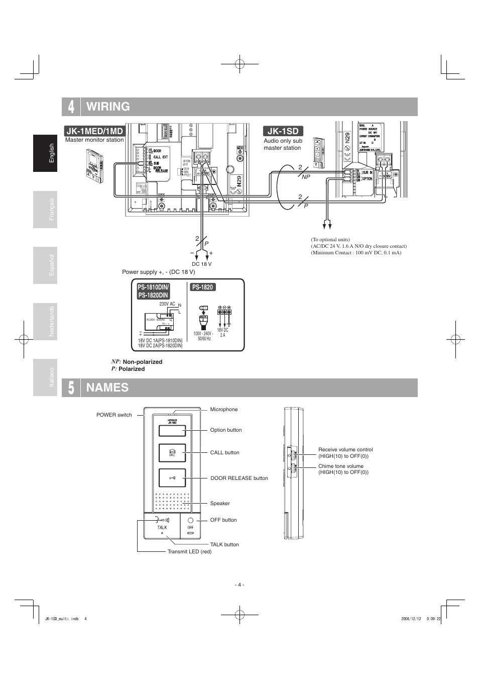 Wiring, Names, Jk-1med/1md jk-1sd | Aiphone JK-1SD User Manual | Page 4 / 8