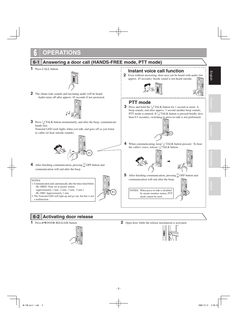 Operations, Ptt mode | Aiphone JK-1SD User Manual | Page 5 / 8