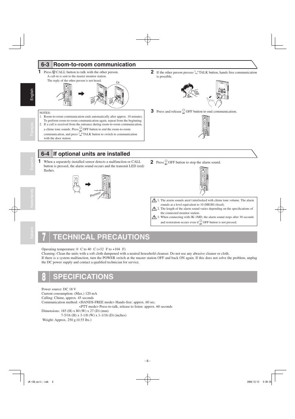 Technical precautions, Specifications, 4 if optional units are installed | 3 room-to-room communication | Aiphone JK-1SD User Manual | Page 6 / 8