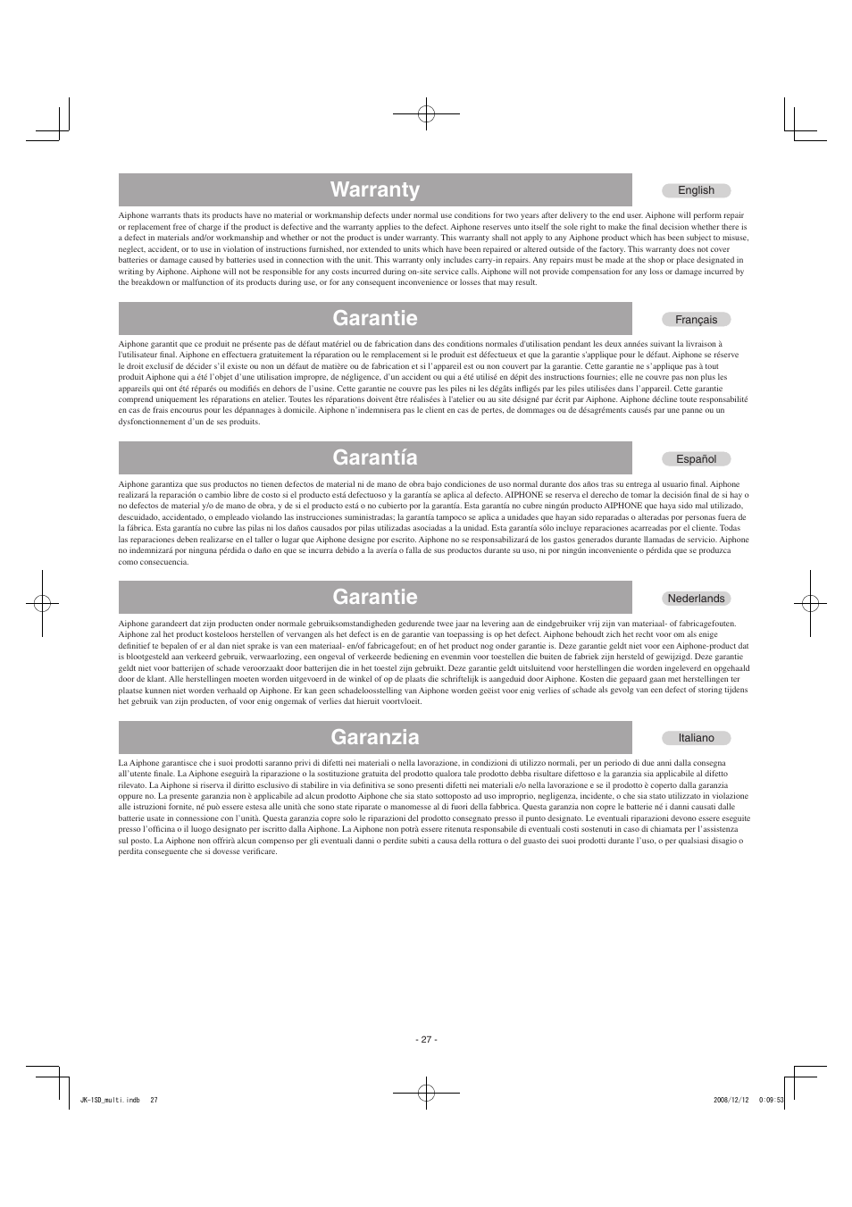 Warranty, Garantie, Garantía | Garanzia | Aiphone JK-1SD User Manual | Page 7 / 8