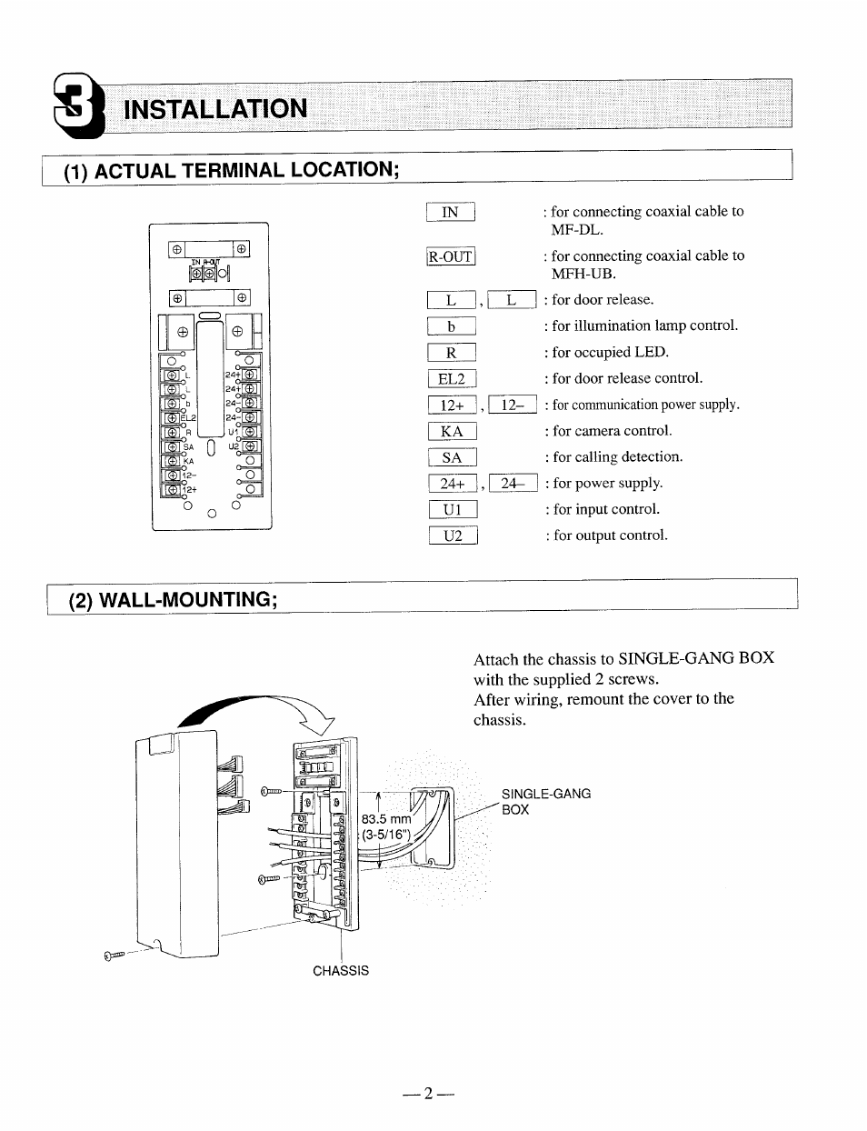 Installation, 1) actual terminal location, 2) wall-mounting | Aiphone MFW-P1 User Manual | Page 2 / 6