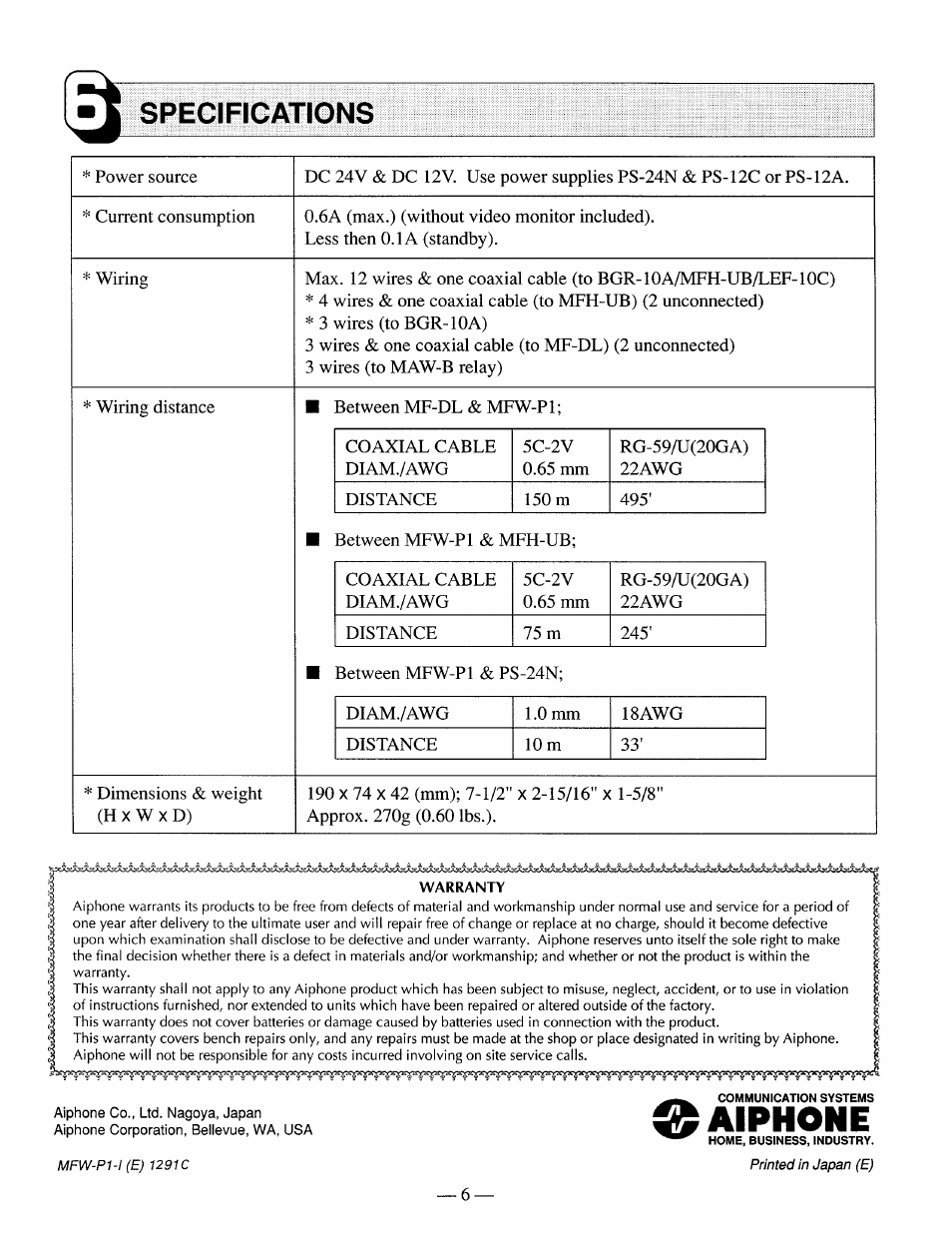 Specifications, Aiphone | Aiphone MFW-P1 User Manual | Page 6 / 6