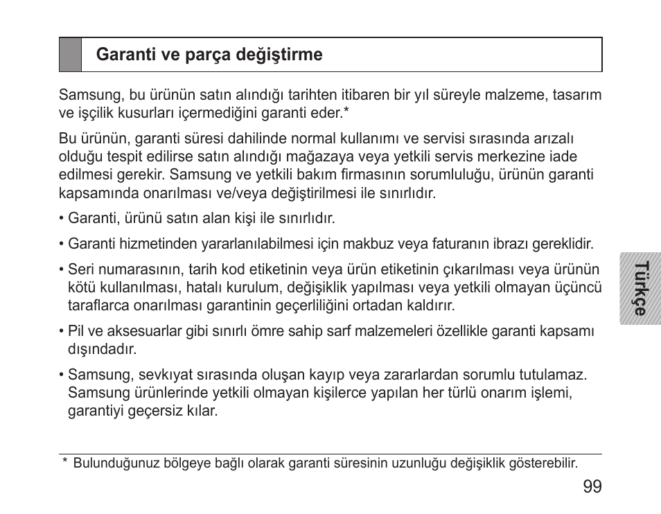 Garanti ve parça değiştirme | Samsung BHM3200 User Manual | Page 101 / 158