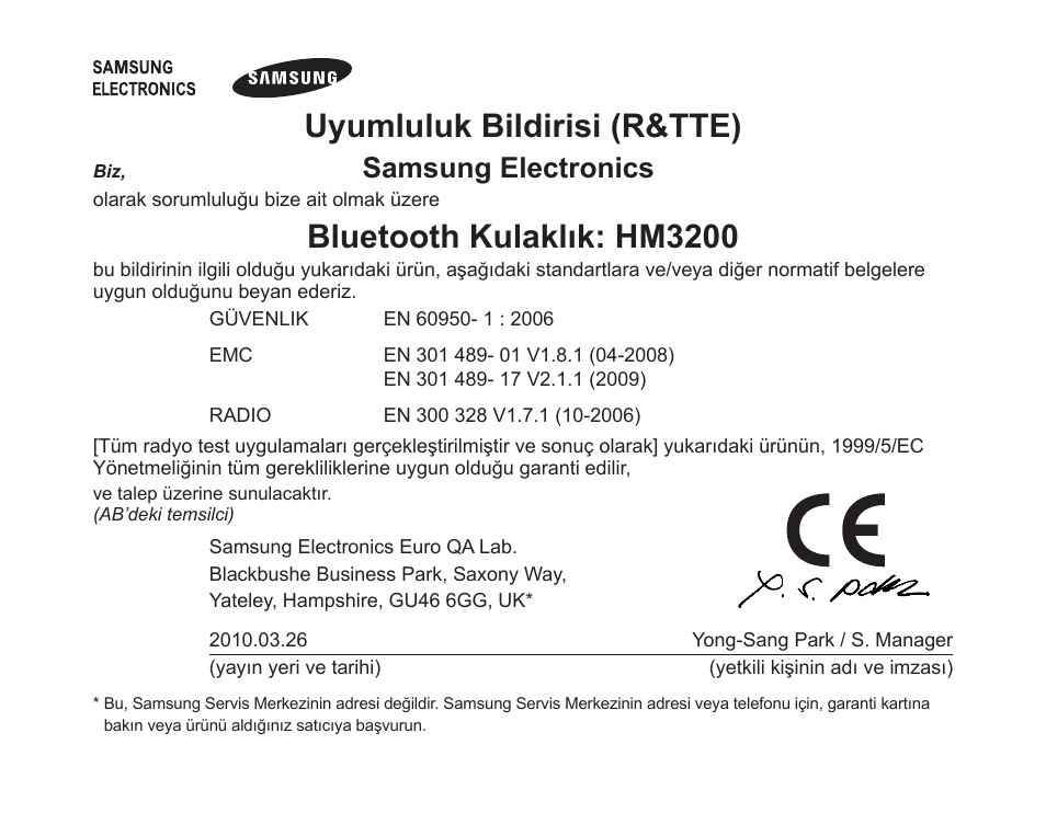 Uyumluluk bildirisi (r&tte), Bluetooth kulaklık: hm3200, Samsung electronics | Samsung BHM3200 User Manual | Page 105 / 158