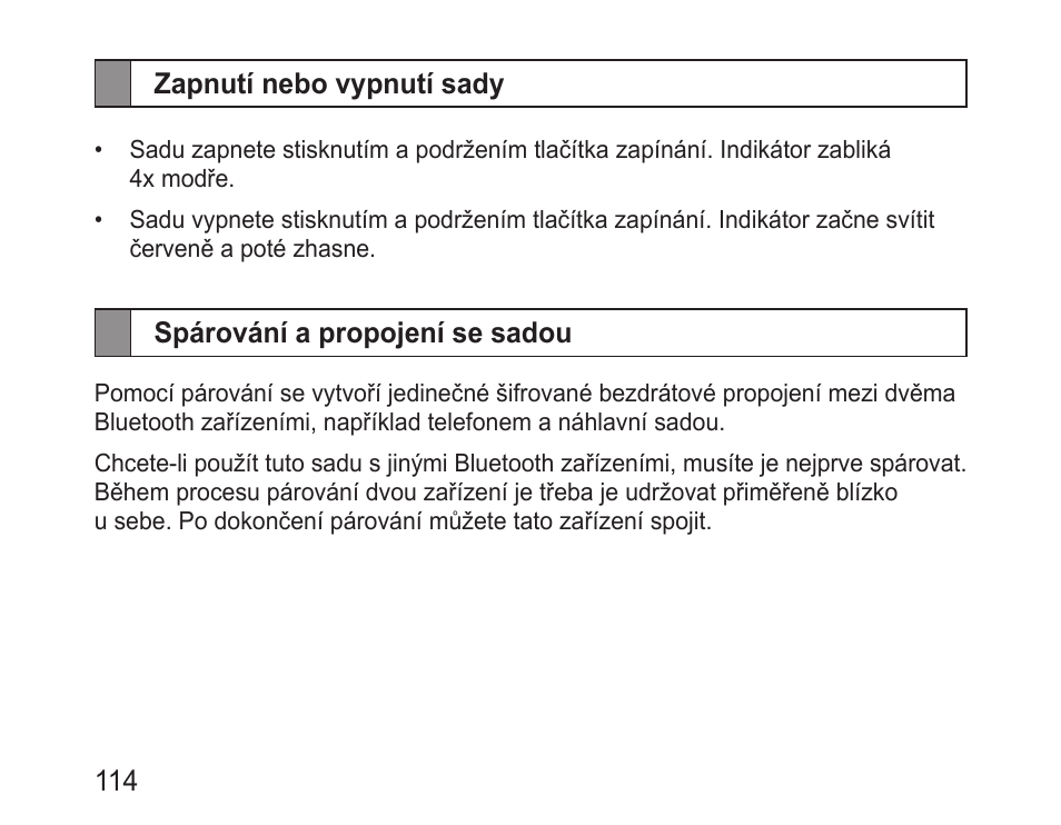 Zapnutí nebo vypnutí sady, Spárování a propojení se sadou | Samsung BHM3200 User Manual | Page 116 / 158