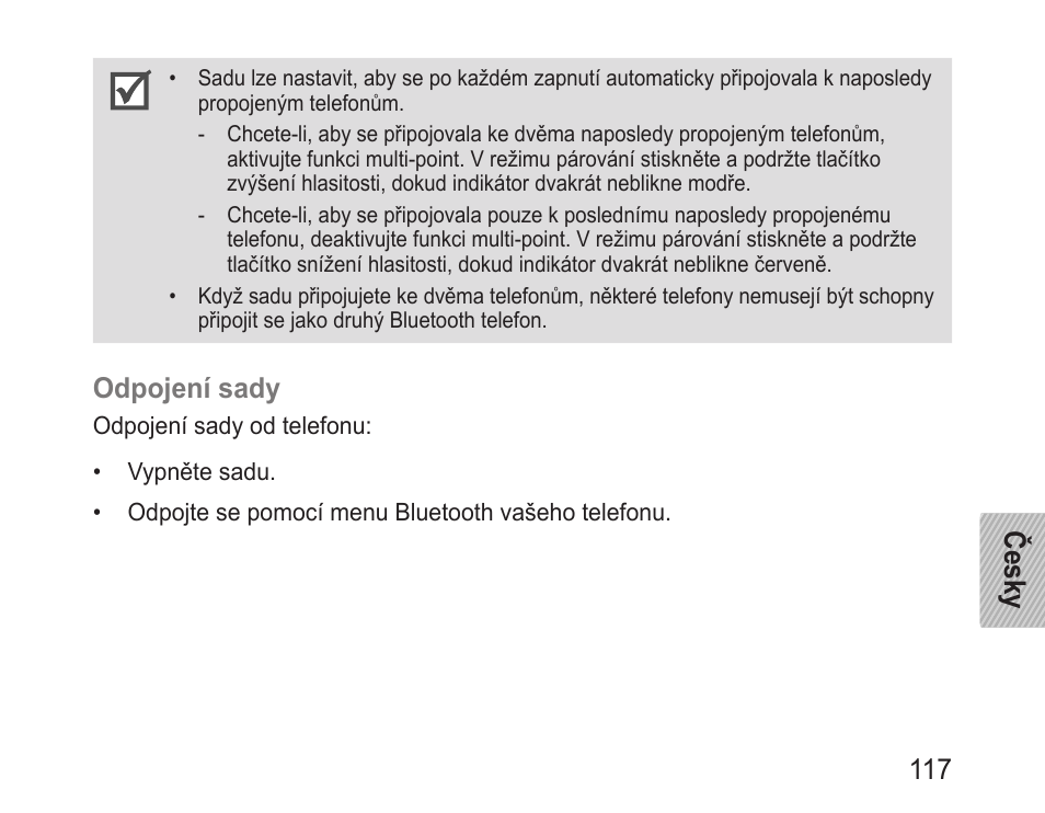 Česky 117, Odpojení sady | Samsung BHM3200 User Manual | Page 119 / 158