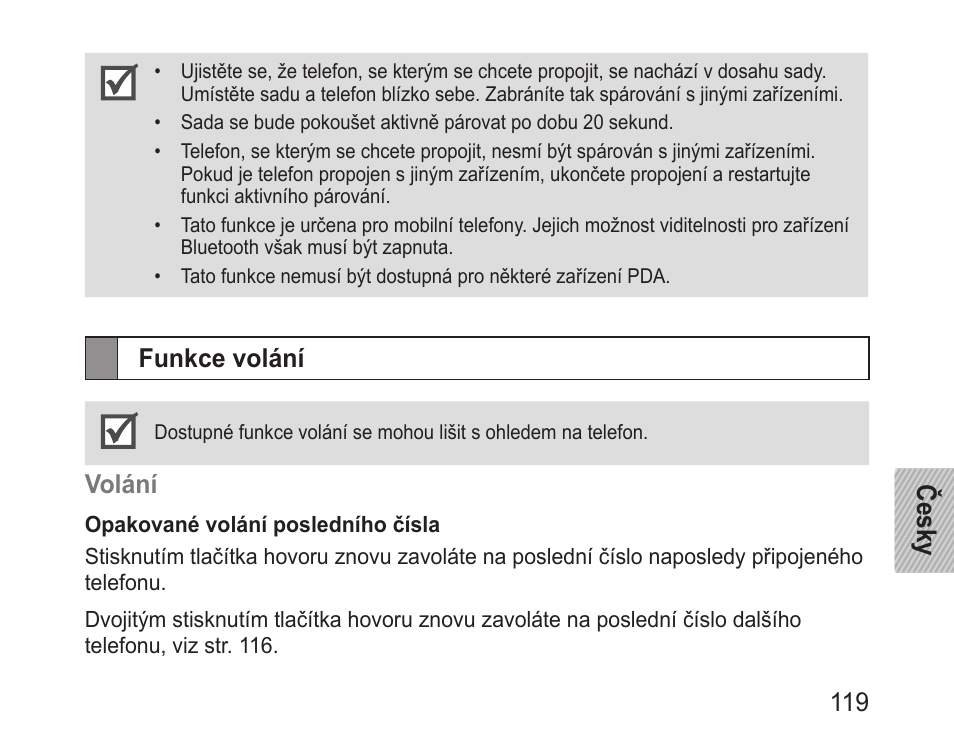 Funkce volání, Česky 119, Volání | Samsung BHM3200 User Manual | Page 121 / 158