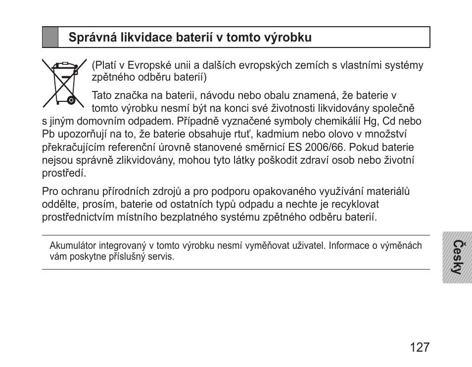 Správná likvidace baterií v tomto výrobku | Samsung BHM3200 User Manual | Page 129 / 158