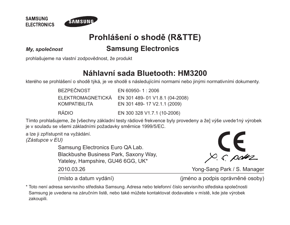 Prohlášení o shodě (r&tte), Náhlavní sada bluetooth: hm3200, Samsung electronics | Samsung BHM3200 User Manual | Page 131 / 158