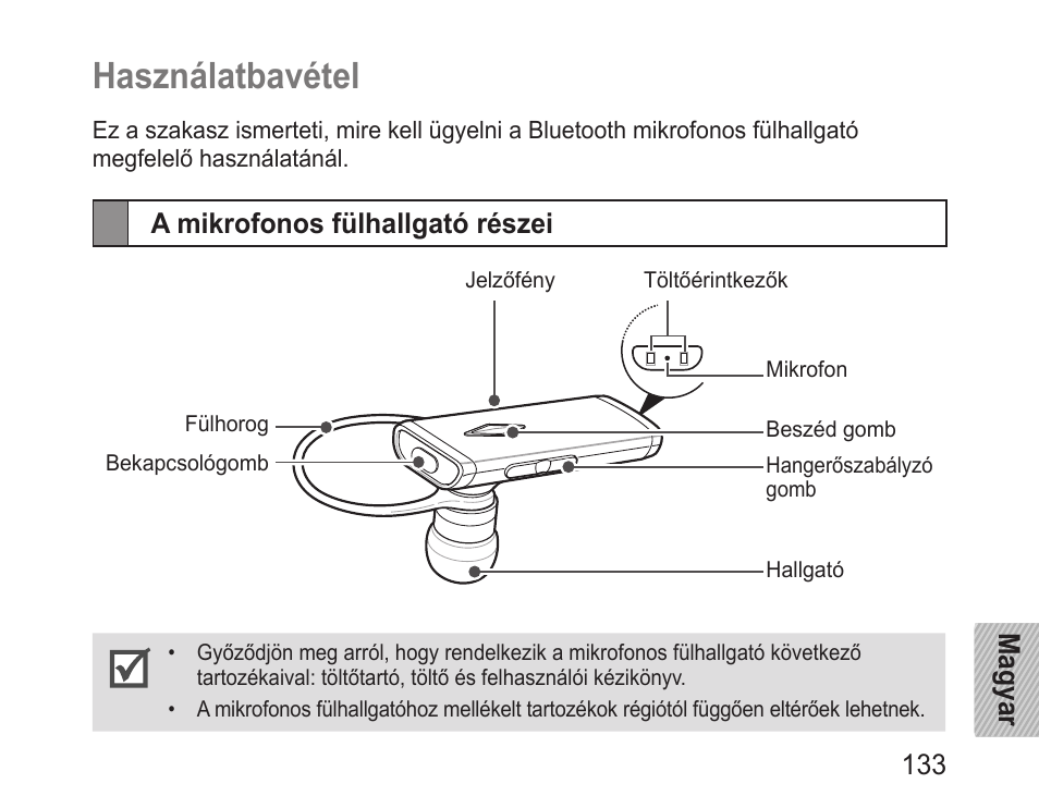Használatbavétel, A mikrofonos fülhallgató részei | Samsung BHM3200 User Manual | Page 135 / 158