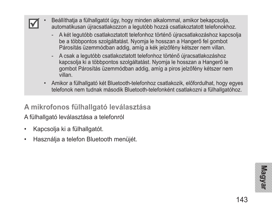 Magyar 143, A mikrofonos fülhallgató leválasztása | Samsung BHM3200 User Manual | Page 145 / 158