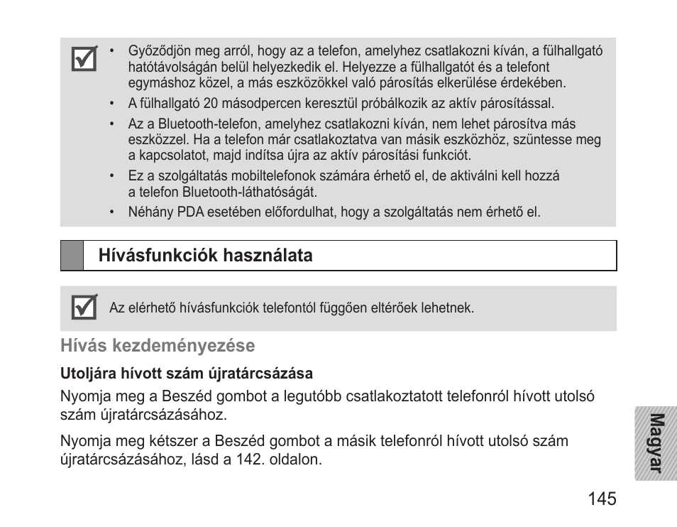 Hívásfunkciók használata, Magyar 145, Hívás kezdeményezése | Samsung BHM3200 User Manual | Page 147 / 158