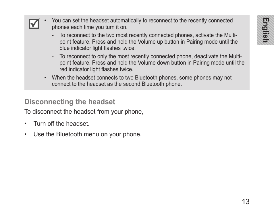 English 13, Disconnecting the headset | Samsung BHM3200 User Manual | Page 15 / 158