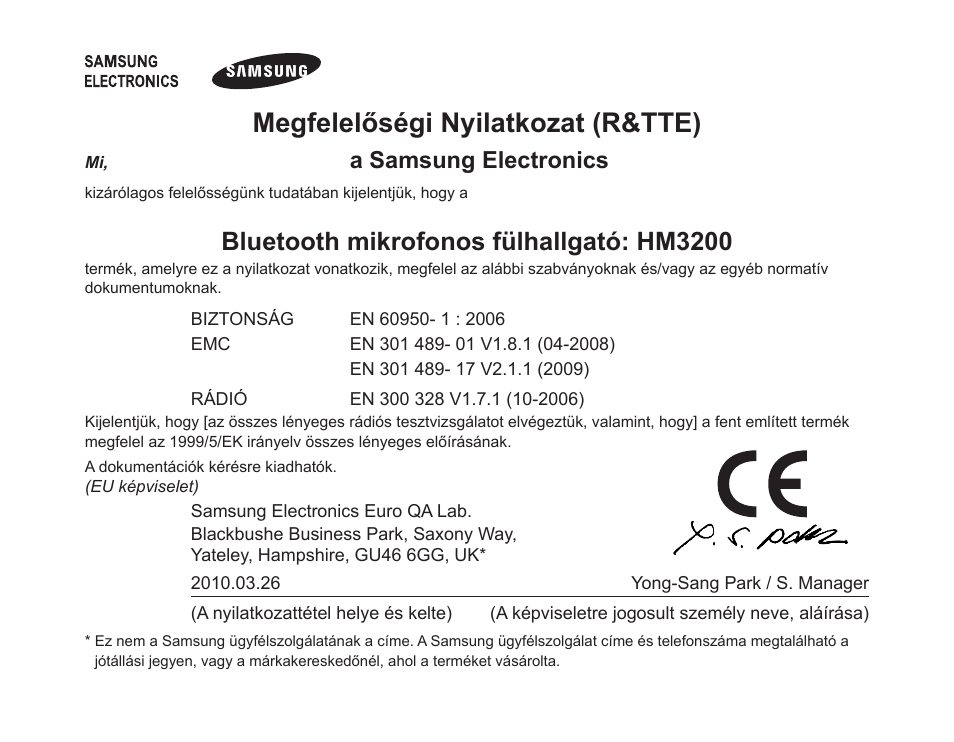 Megfelelőségi nyilatkozat (r&tte), Bluetooth mikrofonos fülhallgató: hm3200, A samsung electronics | Samsung BHM3200 User Manual | Page 157 / 158