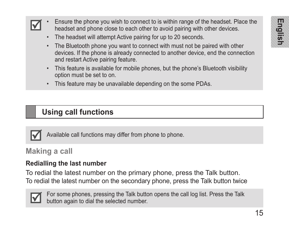 Using call functions, English 15, Making a call | Samsung BHM3200 User Manual | Page 17 / 158