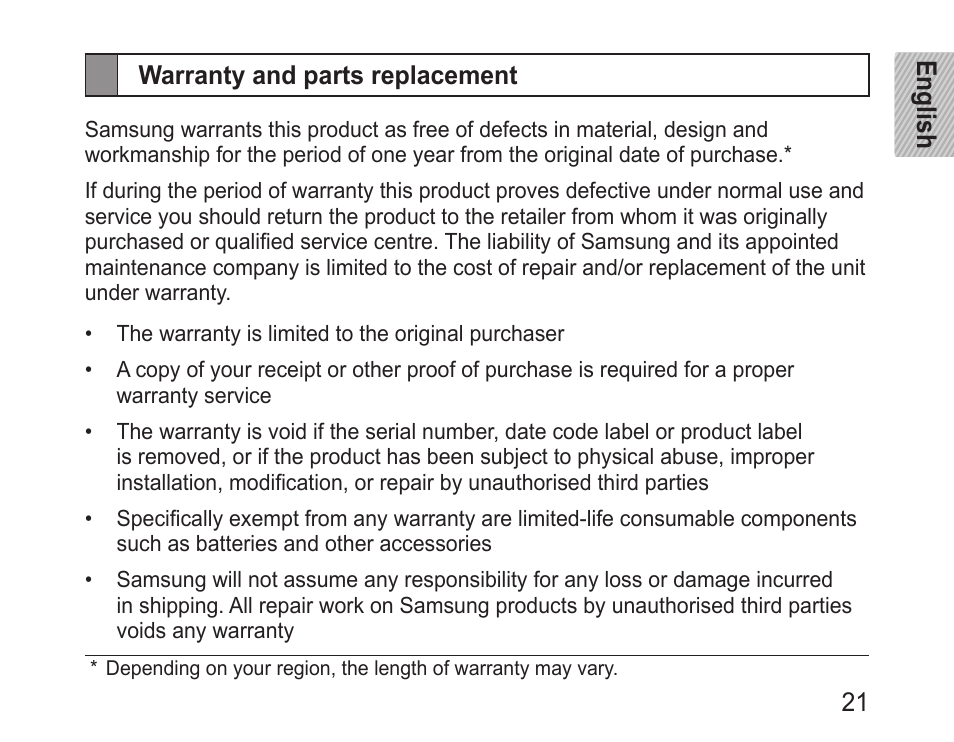 Warranty and parts replacement | Samsung BHM3200 User Manual | Page 23 / 158