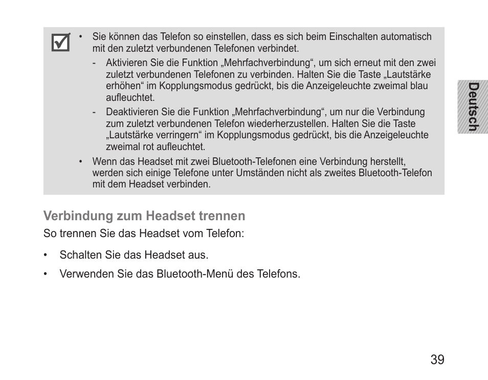 Deutsch 39, Verbindung zum headset trennen | Samsung BHM3200 User Manual | Page 41 / 158