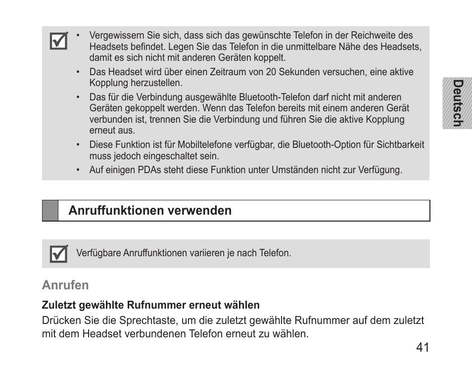 Anruffunktionen verwenden, Deutsch 41, Anrufen | Samsung BHM3200 User Manual | Page 43 / 158