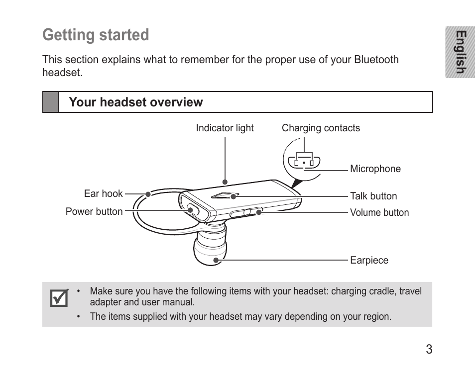 Getting started, Your headset overview | Samsung BHM3200 User Manual | Page 5 / 158