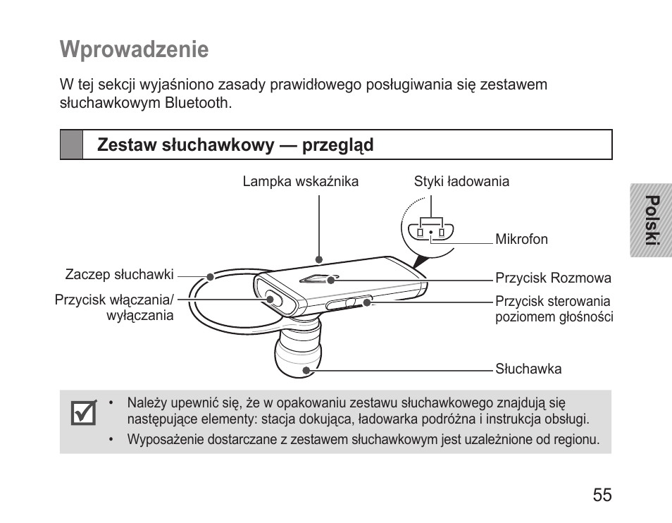 Wprowadzenie, Zestaw słuchawkowy — przegląd, Polski 55 | Samsung BHM3200 User Manual | Page 57 / 158