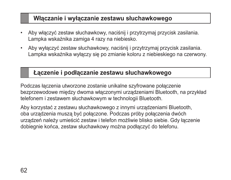 Włączanie i wyłączanie zestawu słuchawkowego, Łączenie i podłączanie zestawu słuchawkowego | Samsung BHM3200 User Manual | Page 64 / 158