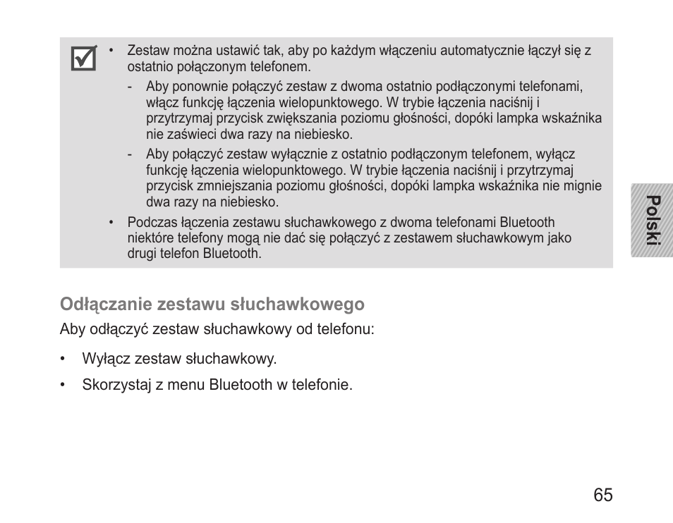 Polski 65, Odłączanie zestawu słuchawkowego | Samsung BHM3200 User Manual | Page 67 / 158