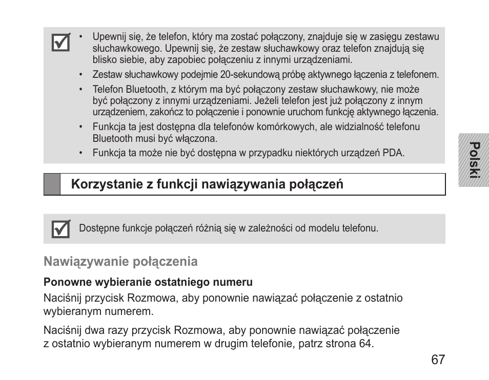 Korzystanie z funkcji nawiązywania połączeń, Polski 67, Nawiązywanie połączenia | Samsung BHM3200 User Manual | Page 69 / 158