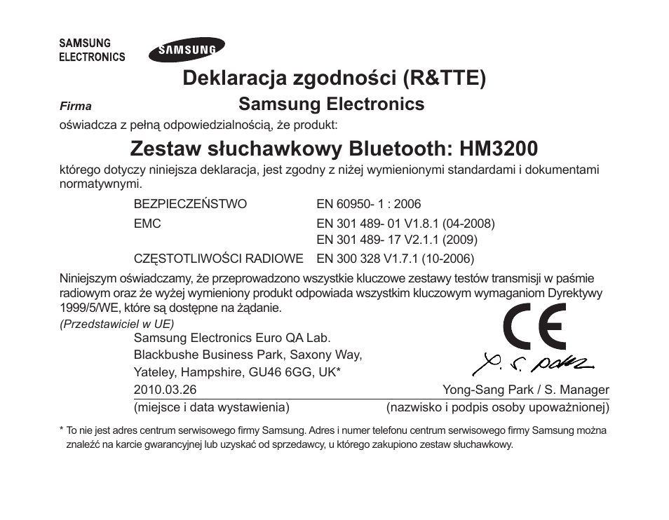 Deklaracja zgodności (r&tte), Zestaw słuchawkowy bluetooth: hm3200, Samsung electronics | Samsung BHM3200 User Manual | Page 80 / 158