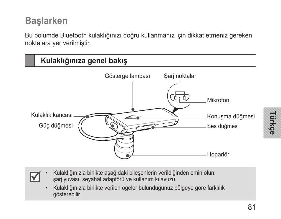 Başlarken, Kulaklığınıza genel bakış | Samsung BHM3200 User Manual | Page 83 / 158