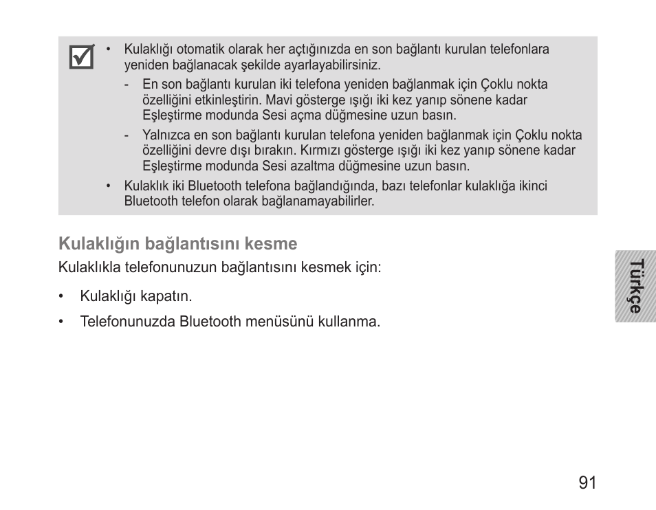 Türkçe 91, Kulaklığın bağlantısını kesme | Samsung BHM3200 User Manual | Page 93 / 158