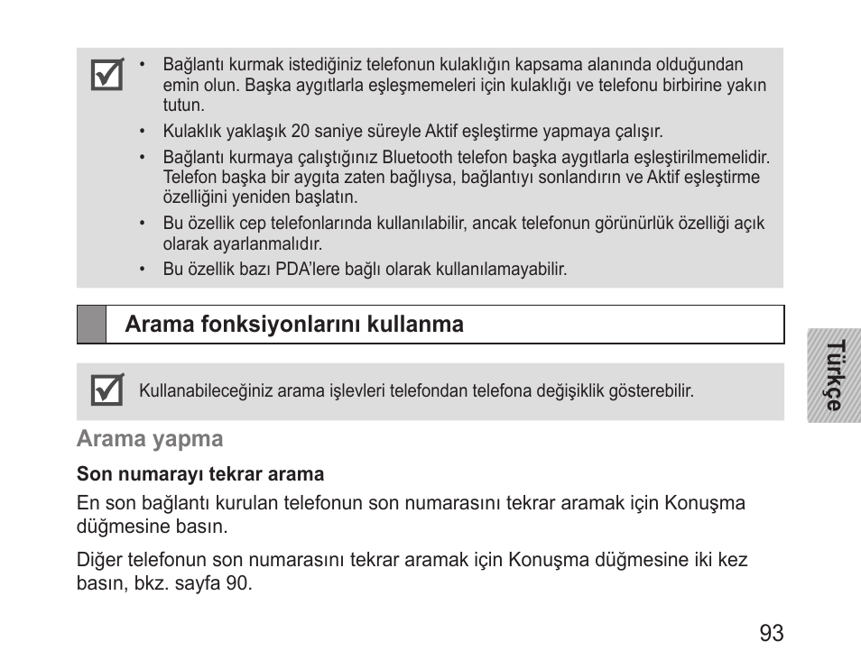 Arama fonksiyonlarını kullanma, Türkçe 93, Arama yapma | Samsung BHM3200 User Manual | Page 95 / 158