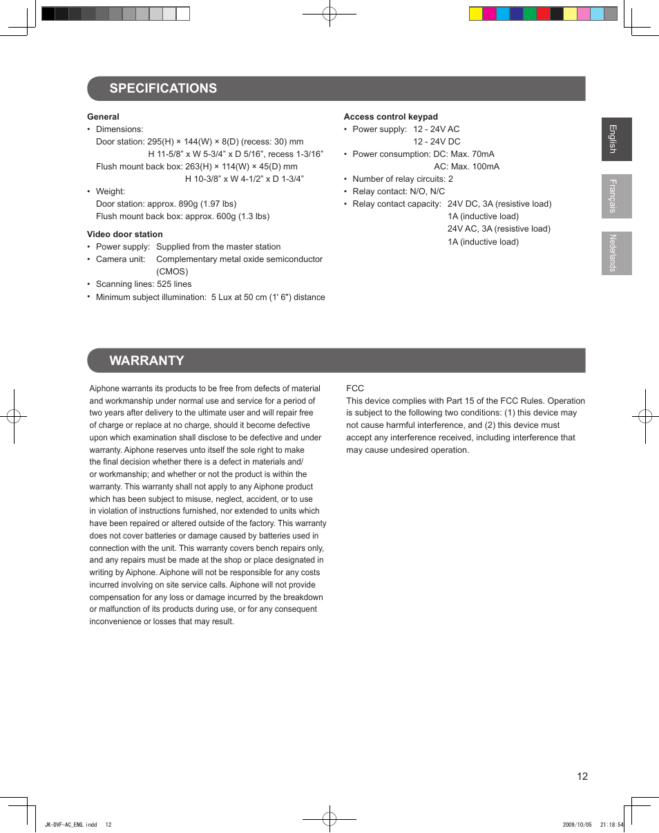 Specifications warranty | Aiphone JK-DVF-AC User Manual | Page 13 / 13