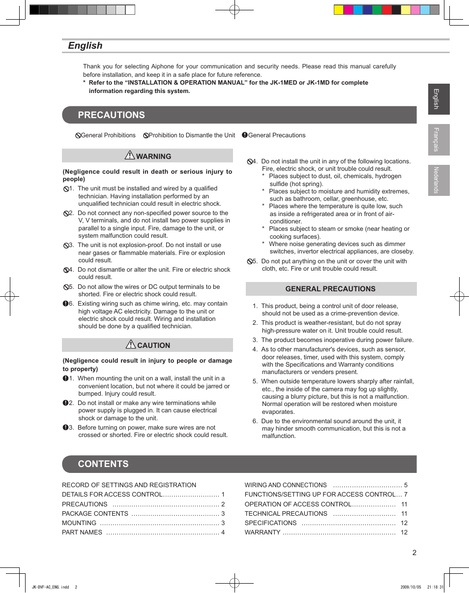 English, Precautions contents | Aiphone JK-DVF-AC User Manual | Page 3 / 13