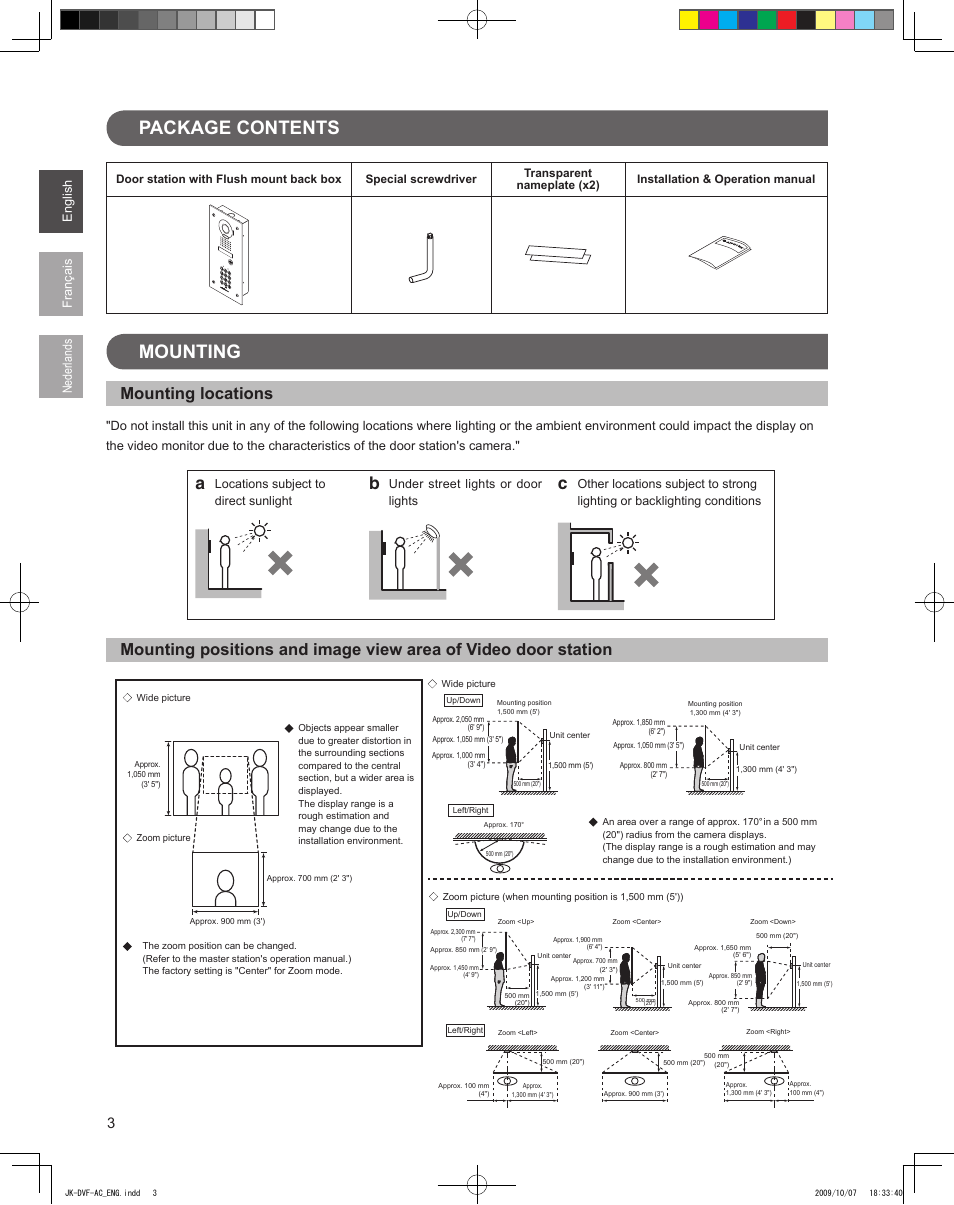 Package contents mounting, English français nederlands, Locations subject to direct sunlight | Under street lights or door lights | Aiphone JK-DVF-AC User Manual | Page 4 / 13