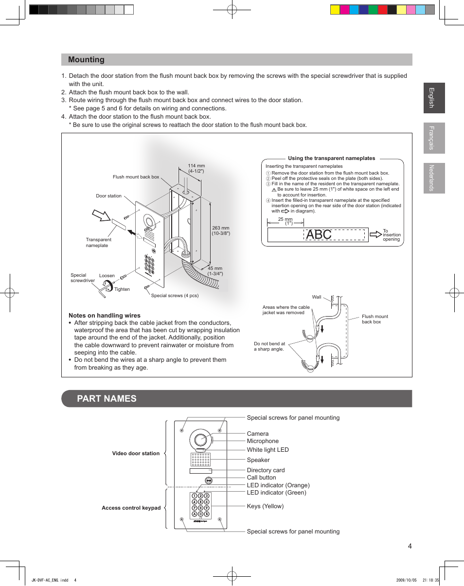 Part names, Mounting | Aiphone JK-DVF-AC User Manual | Page 5 / 13