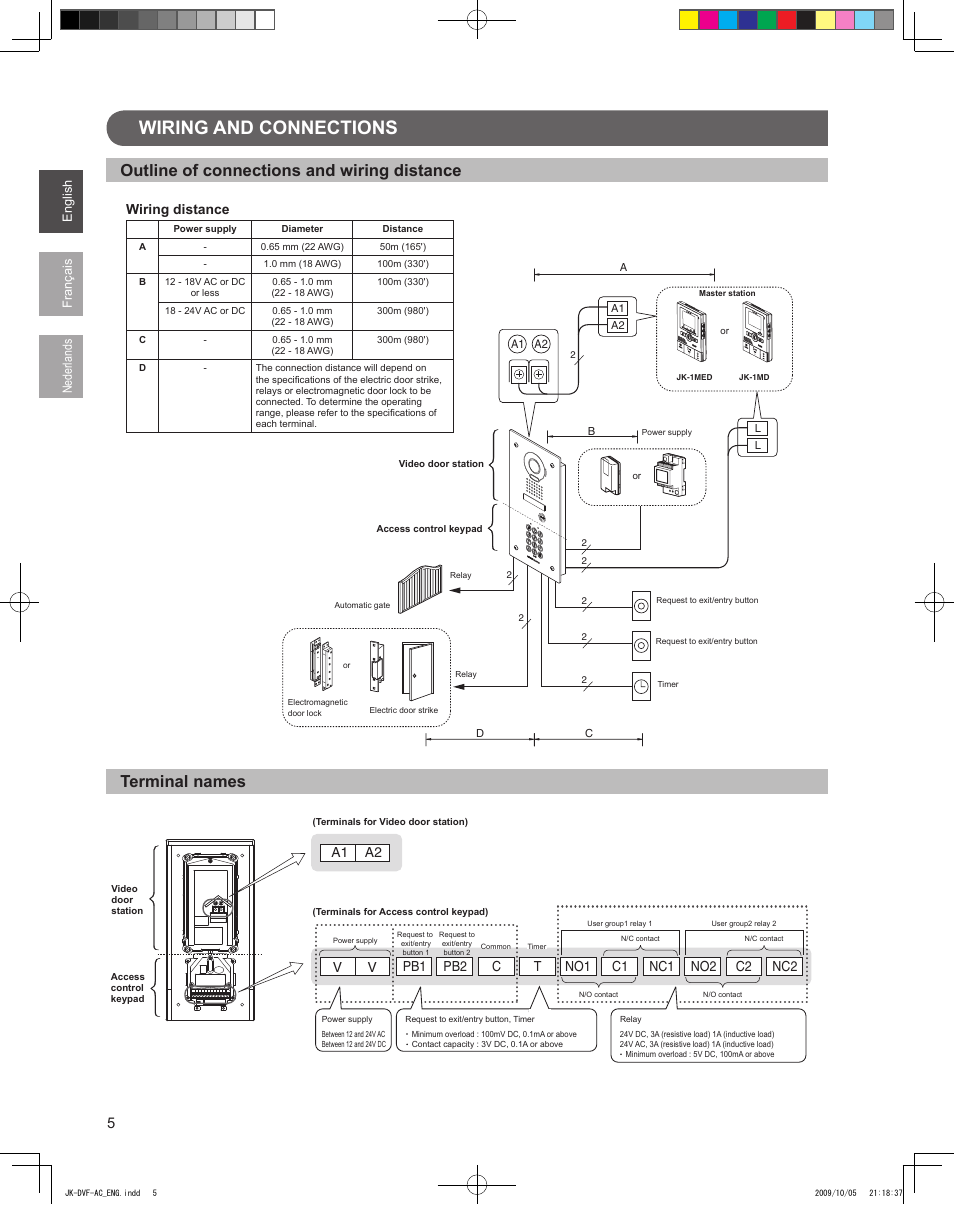 Wiring and connections, Wiring distance | Aiphone JK-DVF-AC User Manual | Page 6 / 13