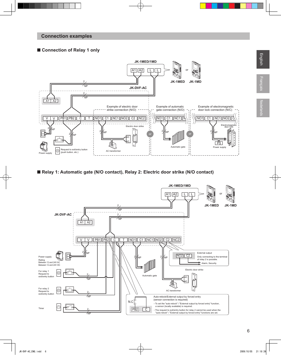 Connection examples, Nconnection of relay 1 only | Aiphone JK-DVF-AC User Manual | Page 7 / 13