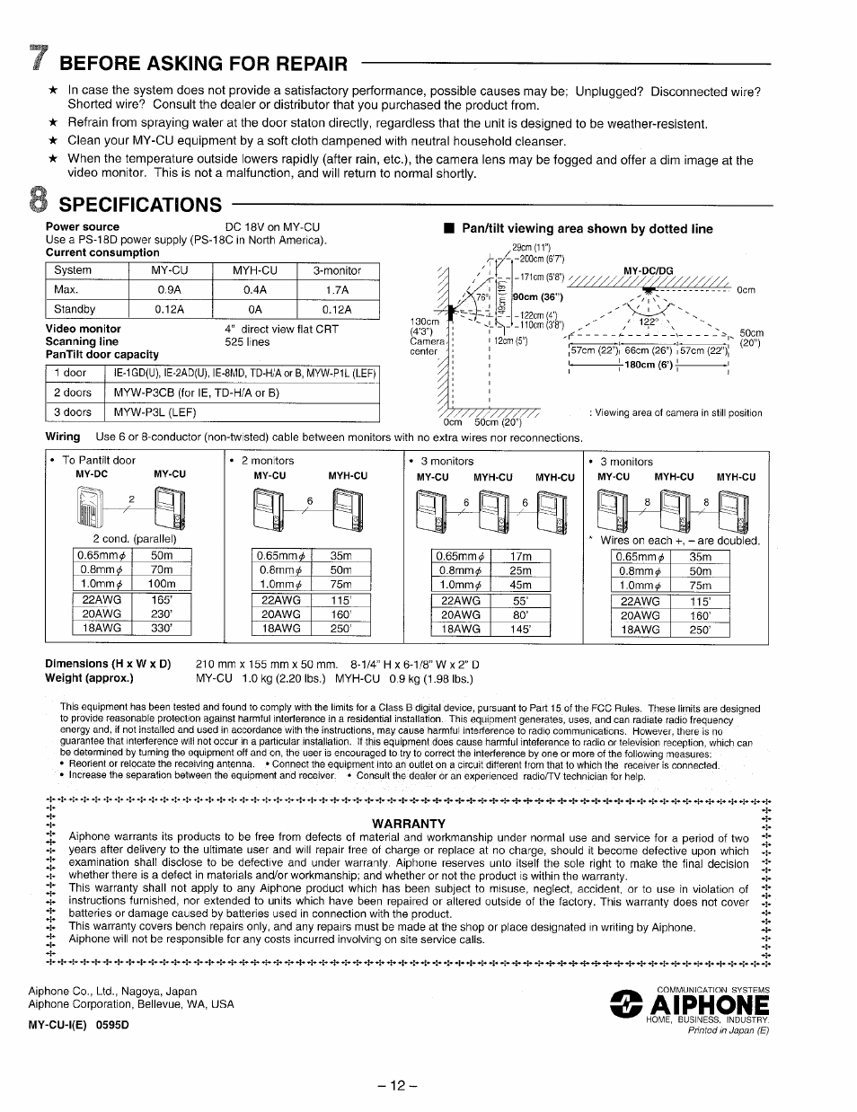 Pan/tilt viewing area shown by dotted line, Warranty, Aiphone | Before asking for repair, Specifications | Aiphone My-Cu User Manual | Page 12 / 12