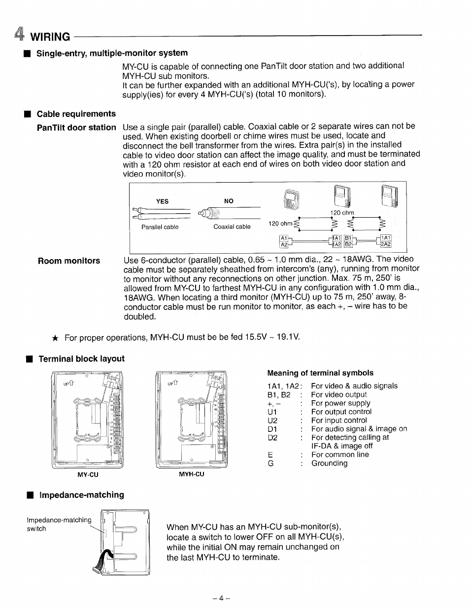 Room monitors, Terminal block layout, Wiring | Aiphone My-Cu User Manual | Page 4 / 12