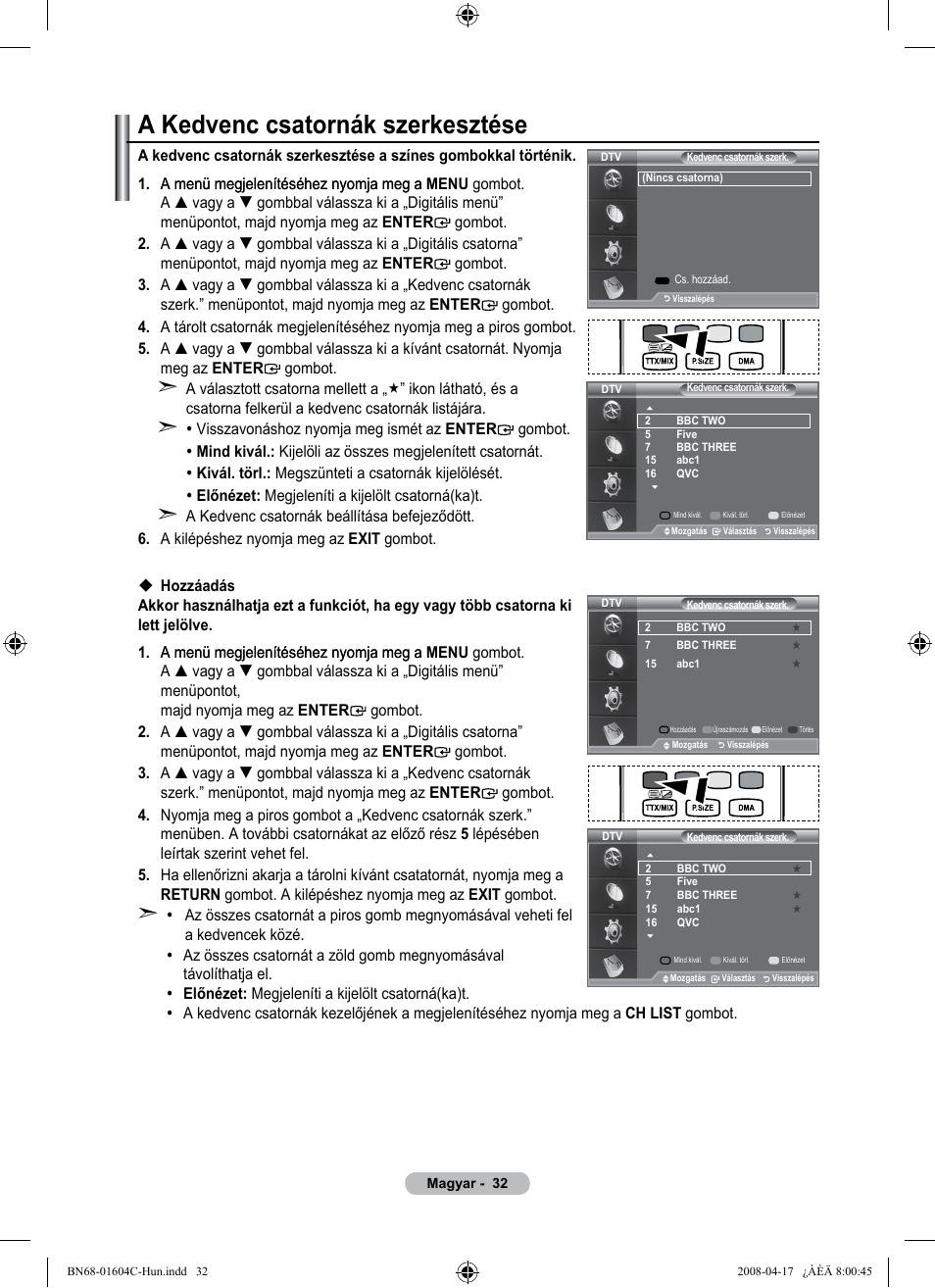 A kedvenc csatornák szerkesztése | Samsung LE37A616A3F User Manual | Page 102 / 614