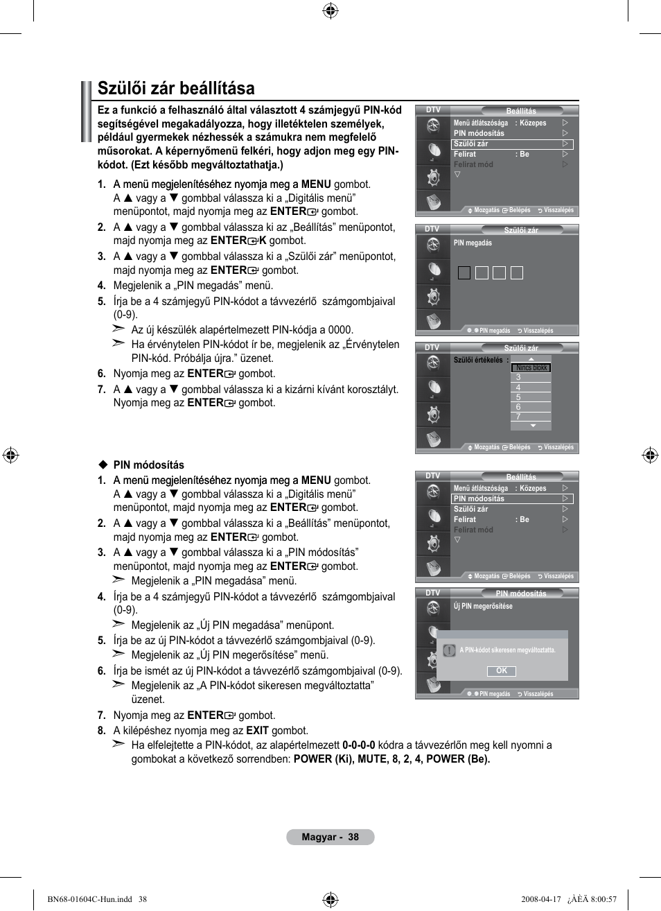 Szülői zár beállítása | Samsung LE37A616A3F User Manual | Page 108 / 614