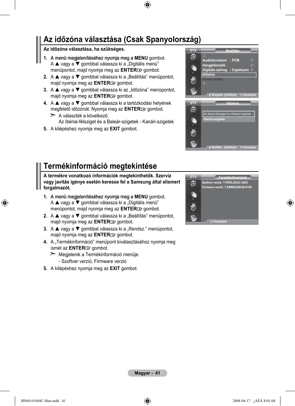 Az időzóna választása (csak spanyolország), Termékinformáció megtekintése | Samsung LE37A616A3F User Manual | Page 111 / 614