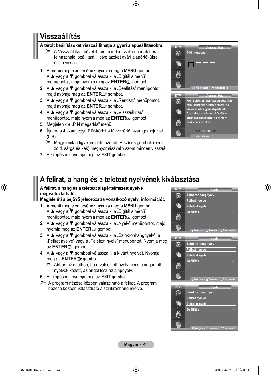 Visszaállítás | Samsung LE37A616A3F User Manual | Page 114 / 614