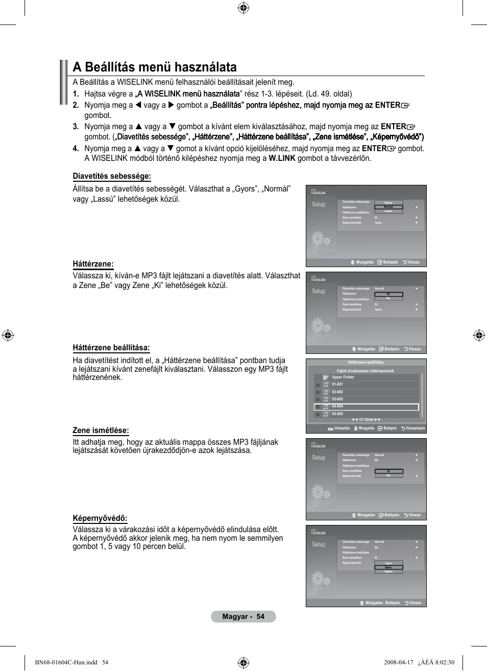 A beállítás menü használata, Magyar | Samsung LE37A616A3F User Manual | Page 124 / 614