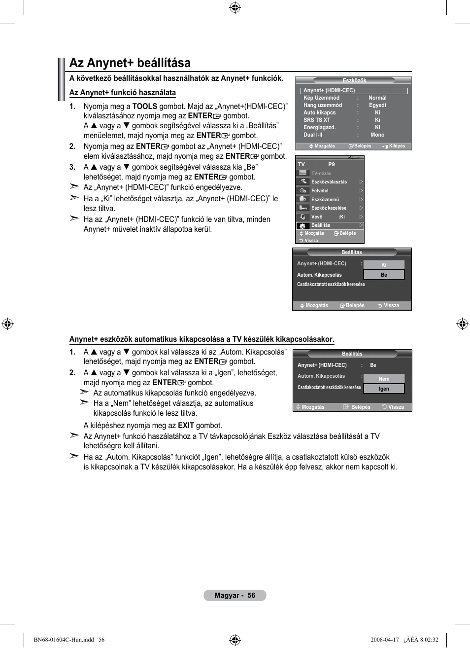 Az anynet+ beállítása | Samsung LE37A616A3F User Manual | Page 126 / 614