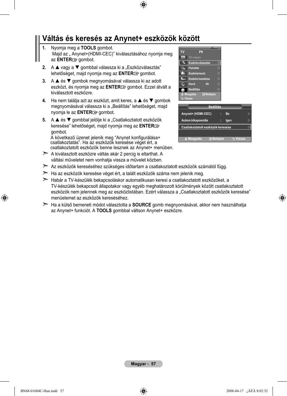 Váltás és keresés az anynet+ eszközök között | Samsung LE37A616A3F User Manual | Page 127 / 614