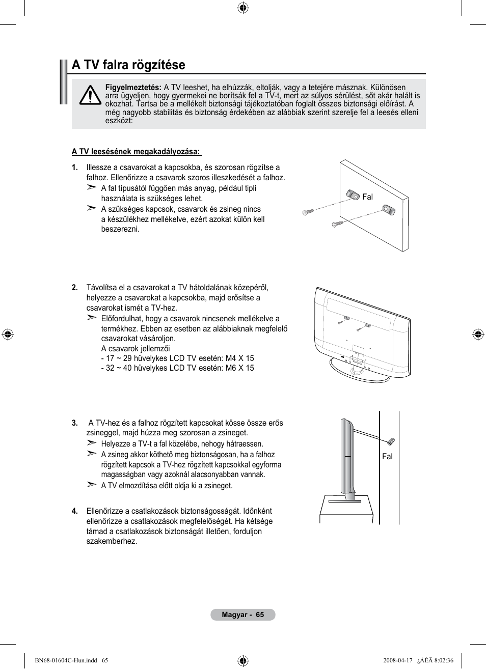 경고 주의 경고 주의, A tv falra rögzítése | Samsung LE37A616A3F User Manual | Page 135 / 614